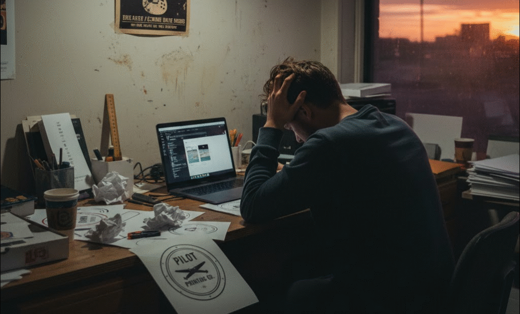 Entrepreneur in a cozy home office in Cambodia gently declining a client contract while pointing to a wall motto that reads “Do work you’re proud of.
