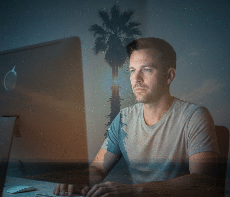 The Palm Tree That Taught Me How to Think Like an Entrepreneur Young boy climbing a tall palm tree under the morning sun, symbolizing courage, determination, and the journey of entrepreneurship.