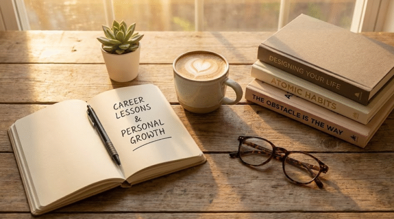 Warm desk setup with a notebook titled Career Lessons and Personal Growth next to a stack of self-improvement books, illustrating the benefits of first job experience and internship skills.