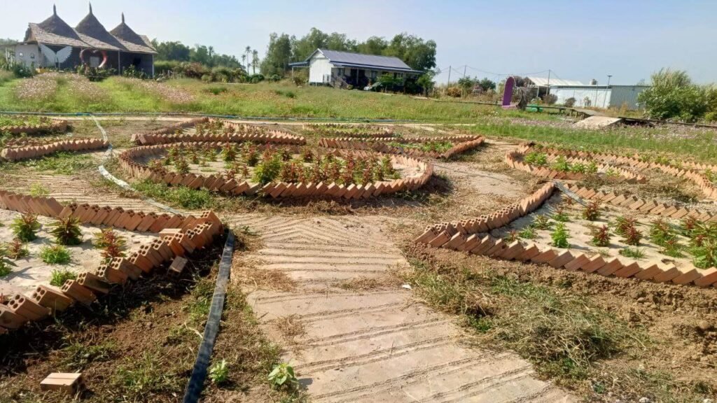 Custom garden decoration featuring unique brick planting beds and winding dirt pathways